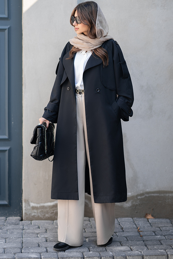 ترنچ کت فاستونی بهاره مشکی