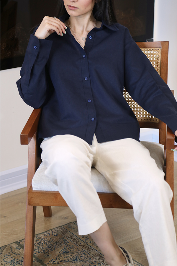 شومیز لینن سرمه ای