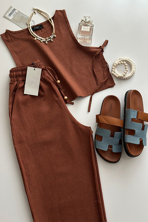 ست تاپ شلوار قهوه ای ترک