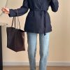 کت لینن سرمه ای زنانه کمربنددار