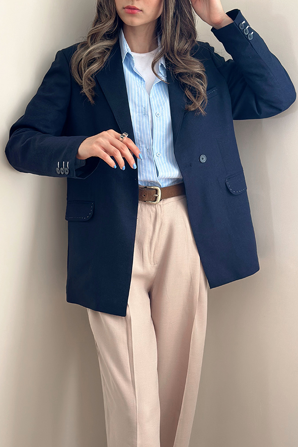 کت لینن سرمه ای زنانه کمربنددار