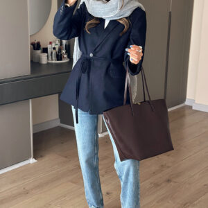 کت لینن سرمه ای کمربنددار