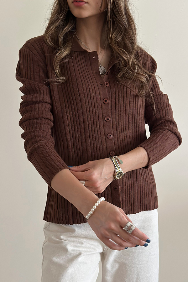 بلوز بافت دکمه دار ترک QUSTYLE قهوه ای