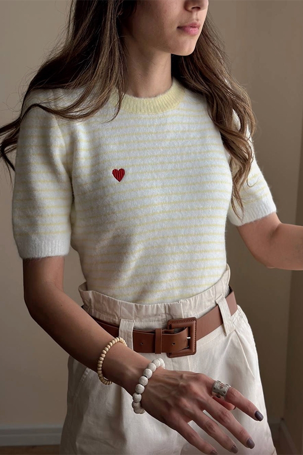 بلوز بافت راه راه استین کوتاه( لیمویی )