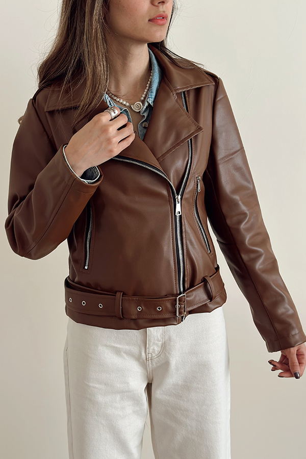 جکت چرم قهوه ای زنانه مرتا