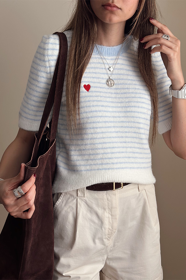 بلوز بافت استین کوتاه آبی