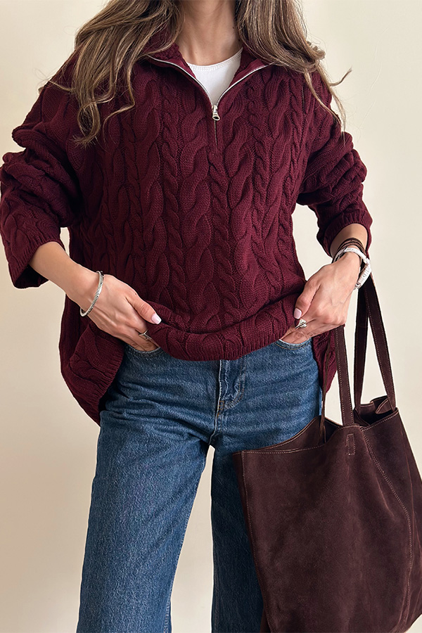 بلوز بافت نیم زیپ زرشکی