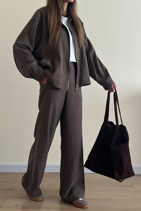 ست سویشرت شلوار استر دار خاکی