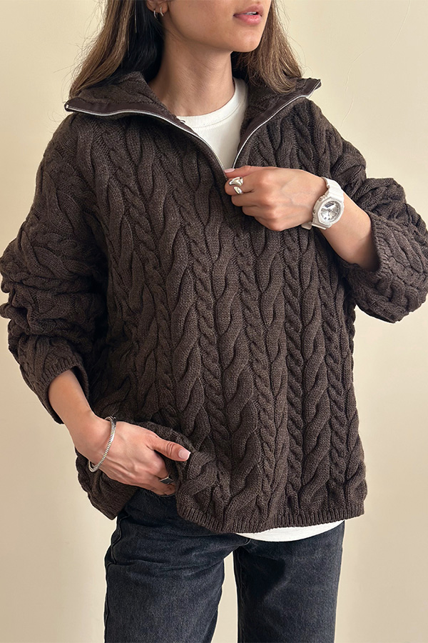 بافت نیم زیپ ترک زنانه قهوه ای